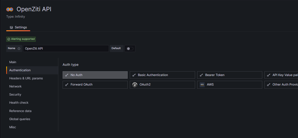 Infinity datasource authentication configuration